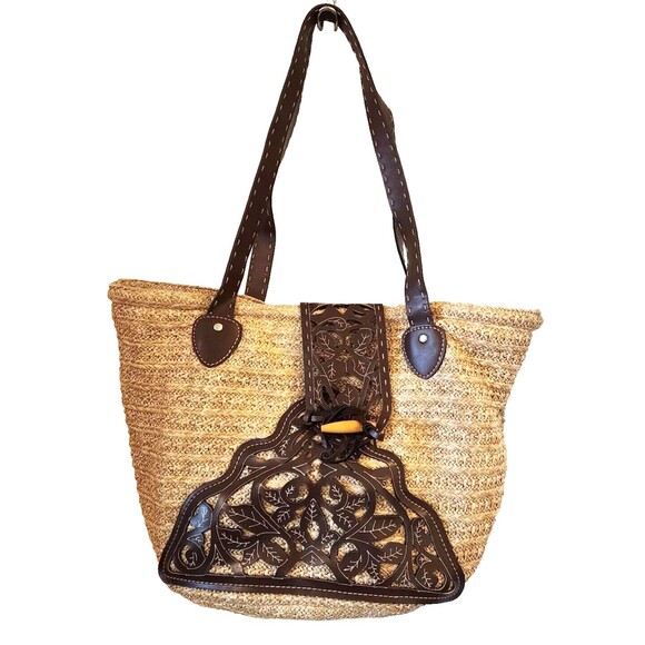 VTG Avon Straw Travel/Beach Tote Natural Color w/Brown Applique Cut-Outs 2001 - Picture 1 of 4
